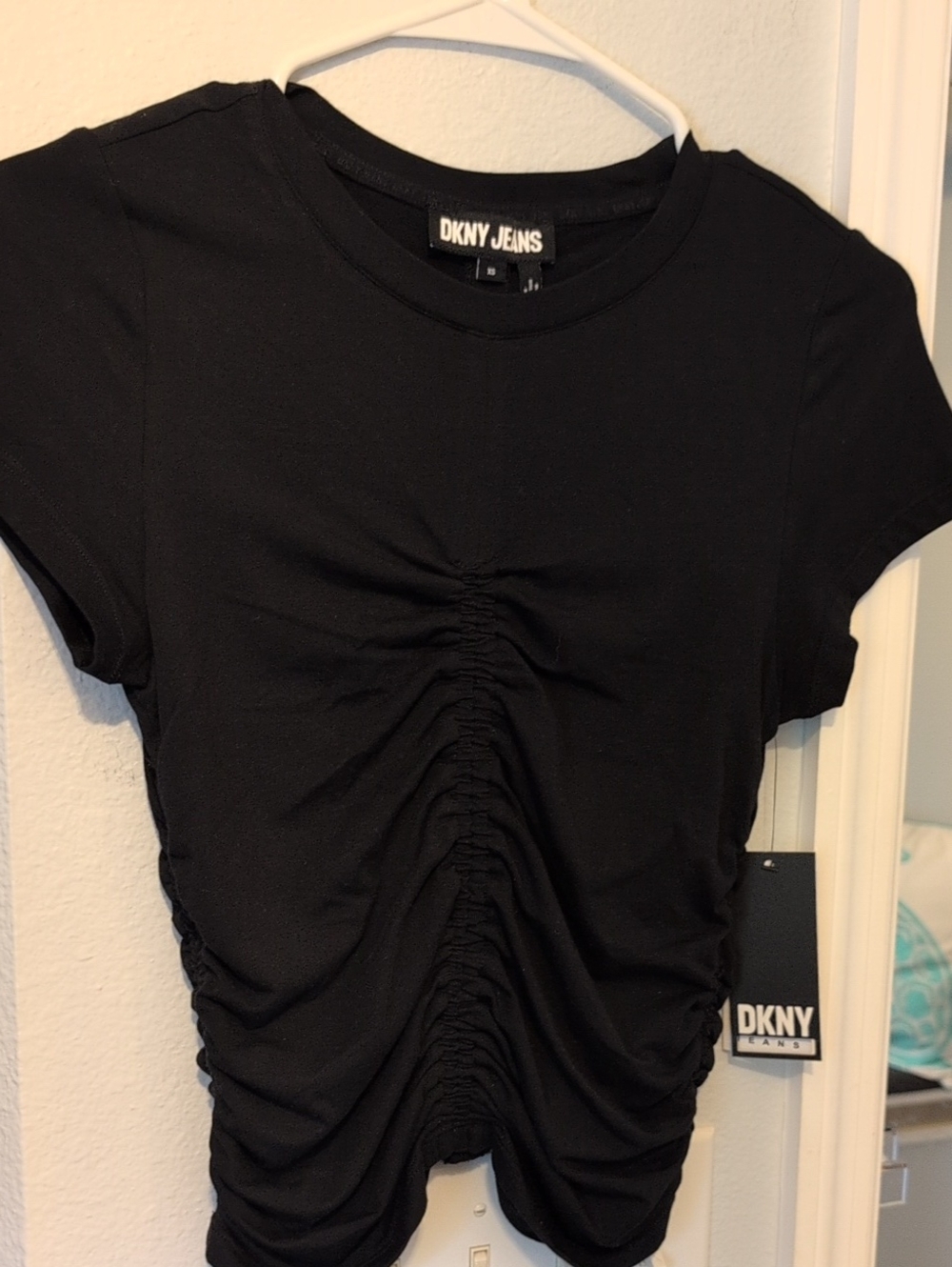 DKNY Black Short Sleeve Ruched Front Tee Brand New